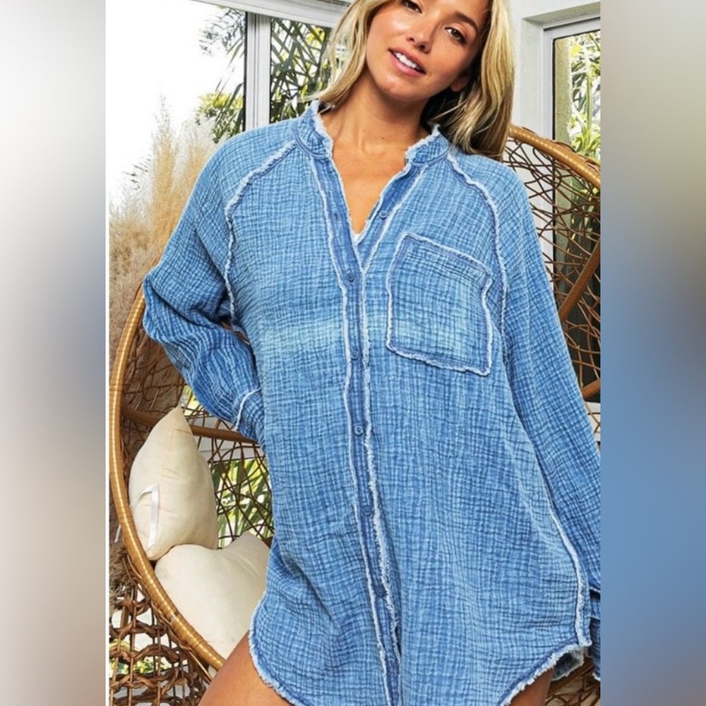 AERIE Pool to Party Indigo Blue Gauze Shirt size L